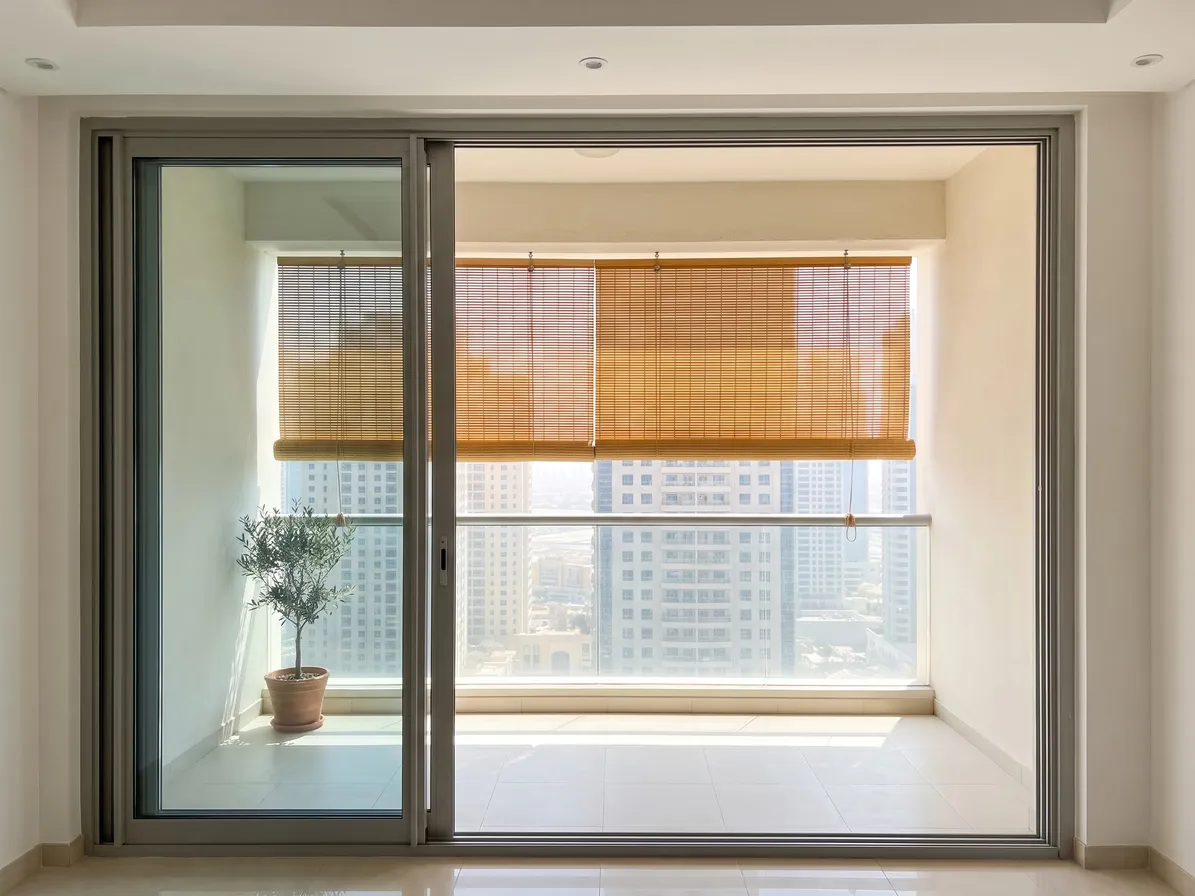 Honey bamboo blind half lowered across a covered balcony's open front, seen through an open sliding door, a potted olive tree and towers