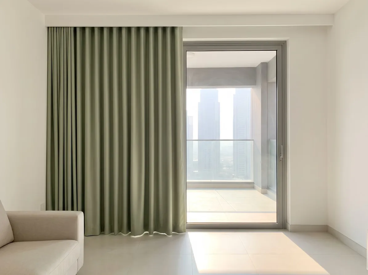 Sage green lined curtain beside a sliding balcony door, low sun through the glass laying a bright patch on the floor, towers beyond