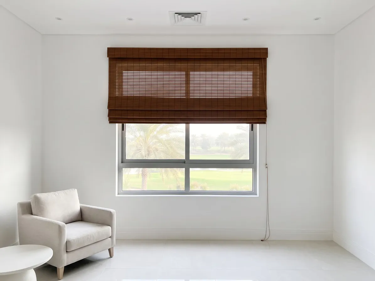 Tobacco brown Roman-fold bamboo blind fixed on the wall past a living-room window, lowered over its top third, palms below
