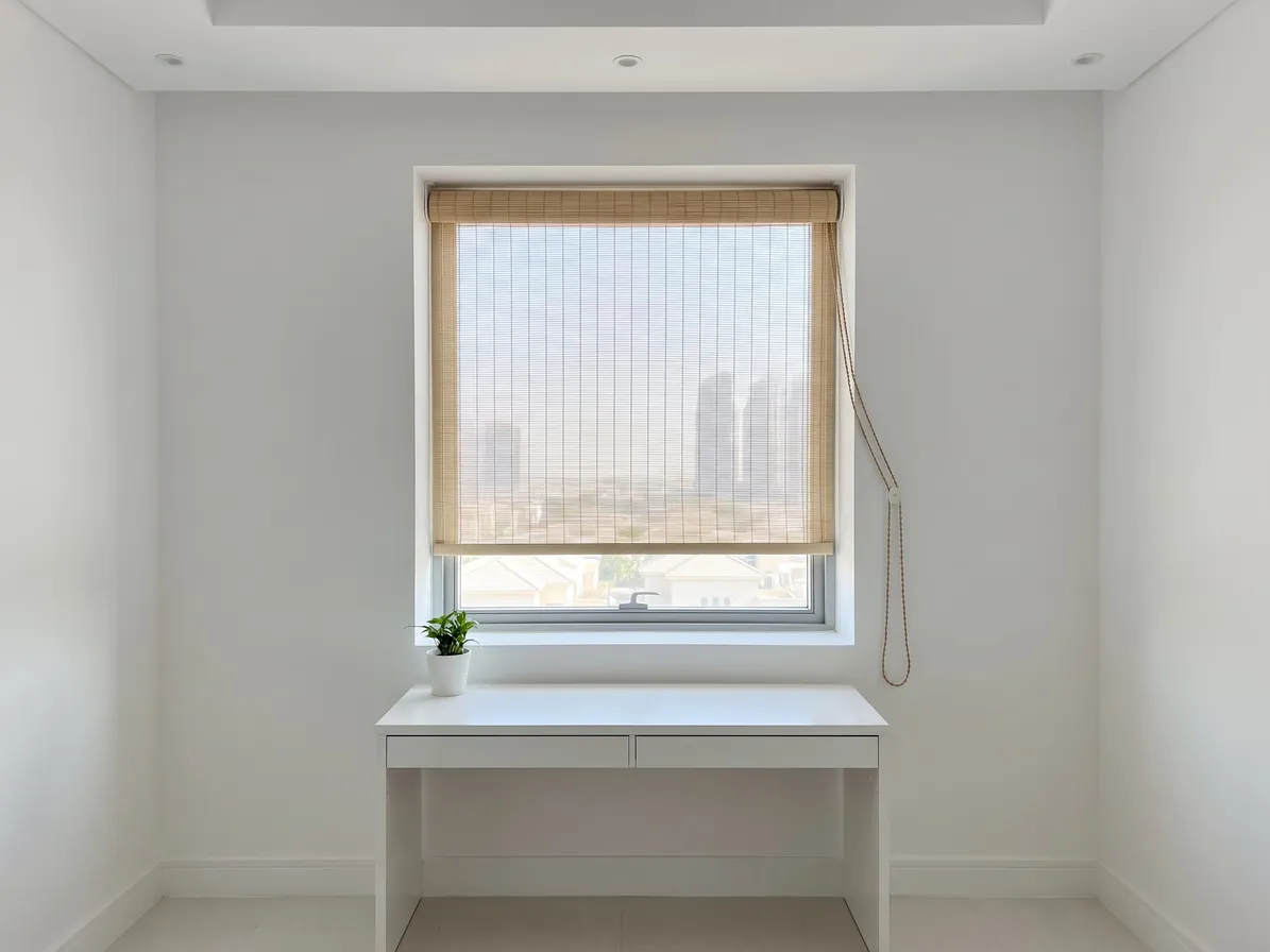Sand fine-weave bamboo roller lowered inside a small study window recess, towers through its weave, a white desk below