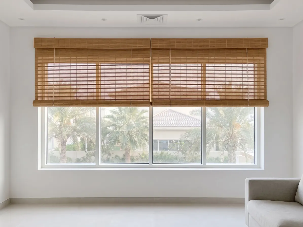 Two light toasted bamboo blinds side by side on one wide window, half lowered, palms and a villa roof below, a sofa at the right