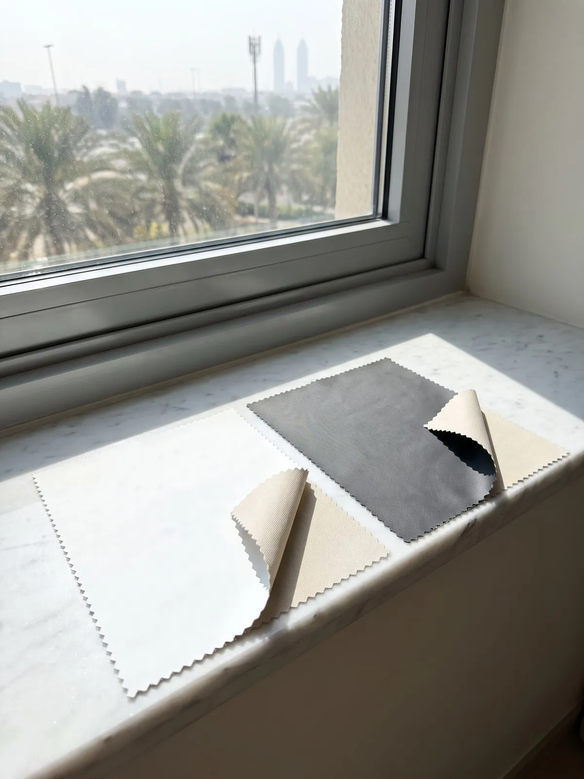 Two blackout samples with pinked edges on a sunny marble sill, one white-backed and one charcoal-backed, their corners turned up