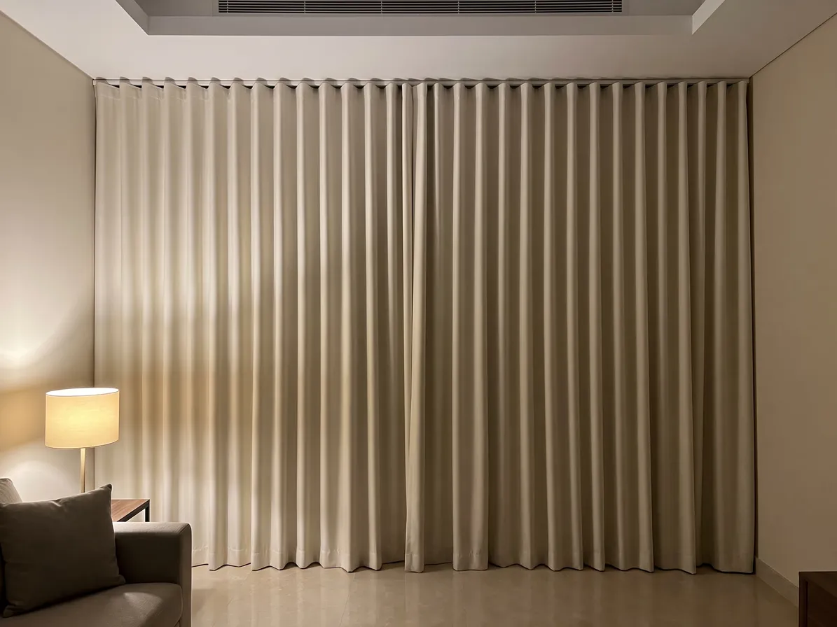 Ivory wave-heading curtains closed wall to wall on a slim white ceiling track, the right edge lapping over the left