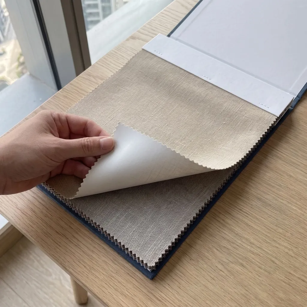 A hand lifting the corner of a beige fabric swatch in a swatch book on an oak table by a window, its back white