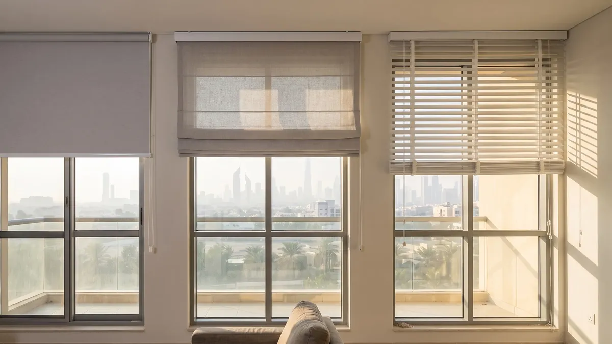 A roller, a Roman and a white Venetian blind half lowered to the same height on three windows