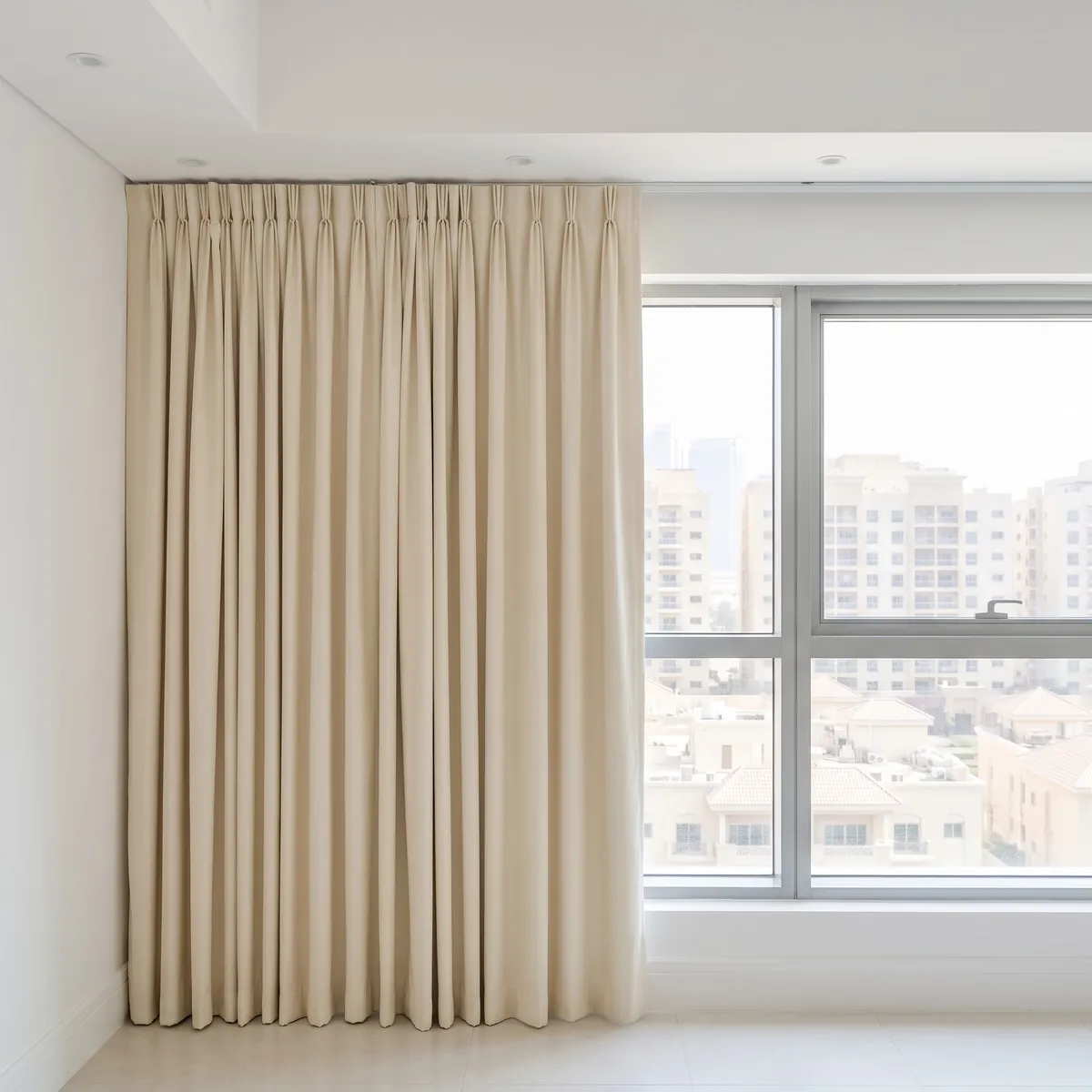 A cream pinch pleat curtain drawn to the left of a wide window, its pleated heading under the track, apartment blocks outside