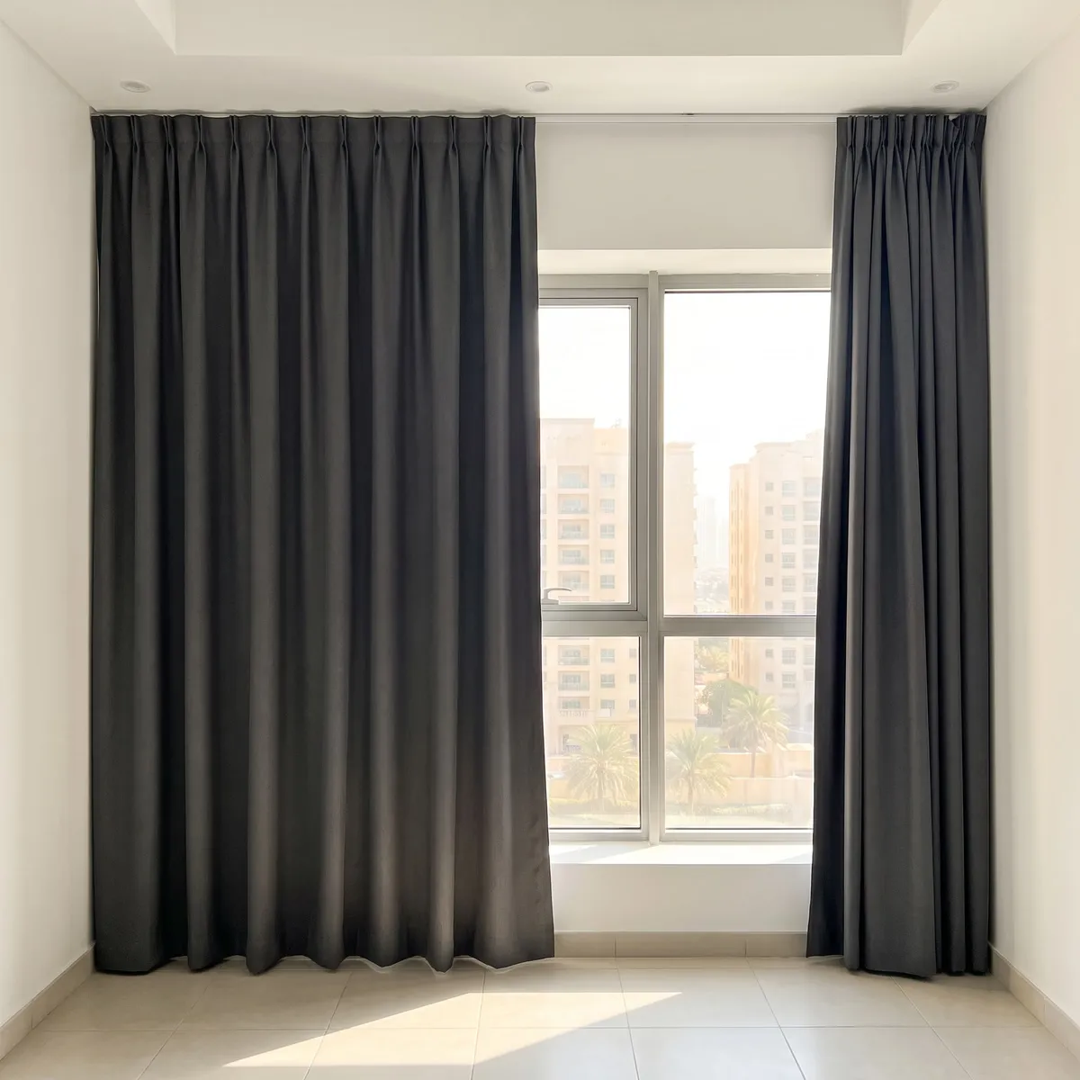 Charcoal lined curtains on a ceiling track, the left one drawn across the window and the right one open, sun on the floor