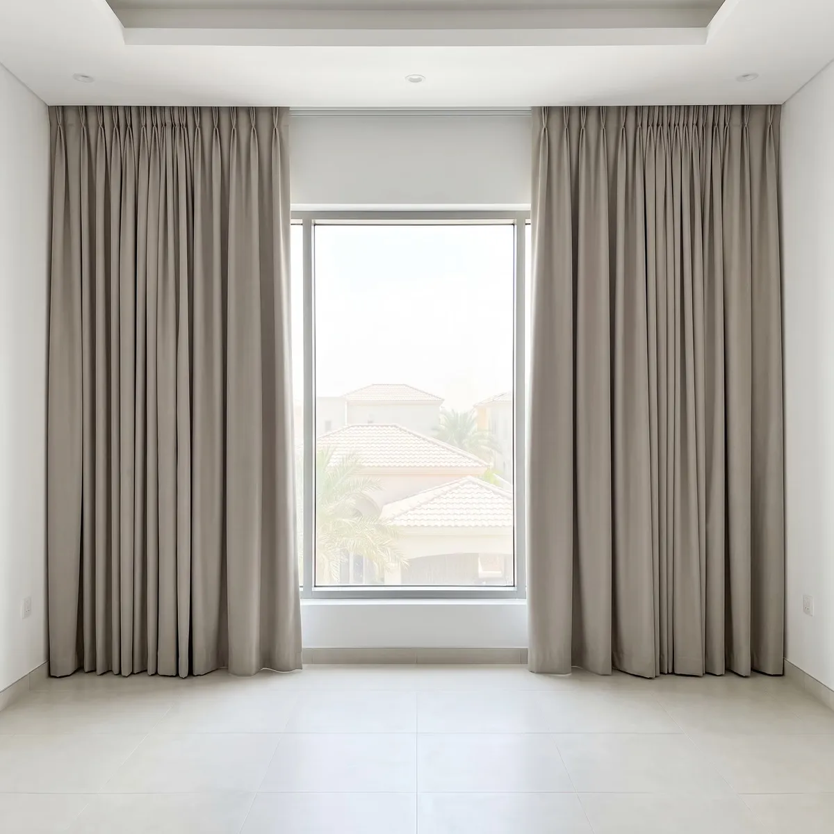 Greige lined curtains drawn open at both sides of a window on one ceiling track, villa roofs and palms outside