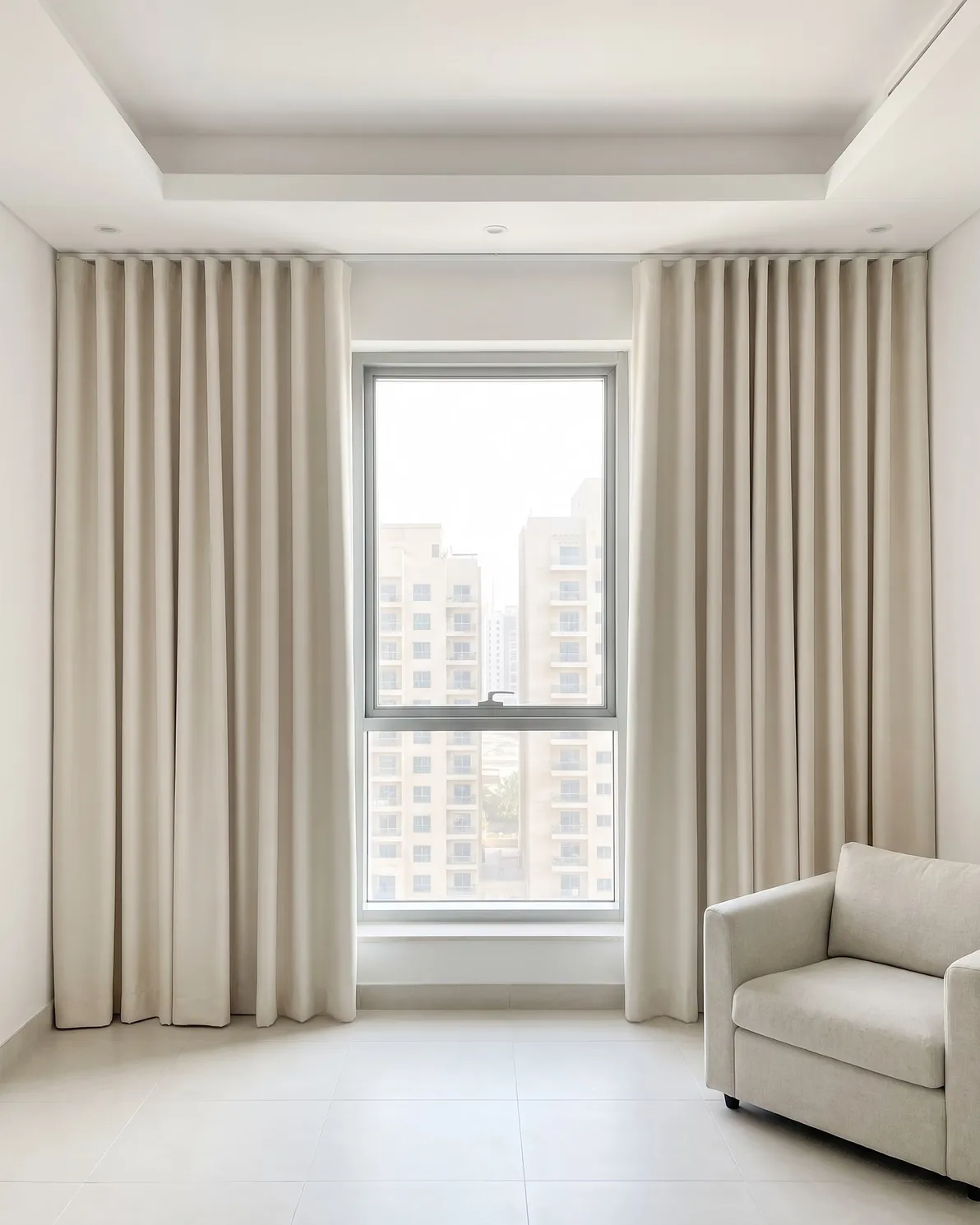 Cream wave curtains hanging in even folds from a ceiling track, drawn open at both sides of a window, an armchair at the right