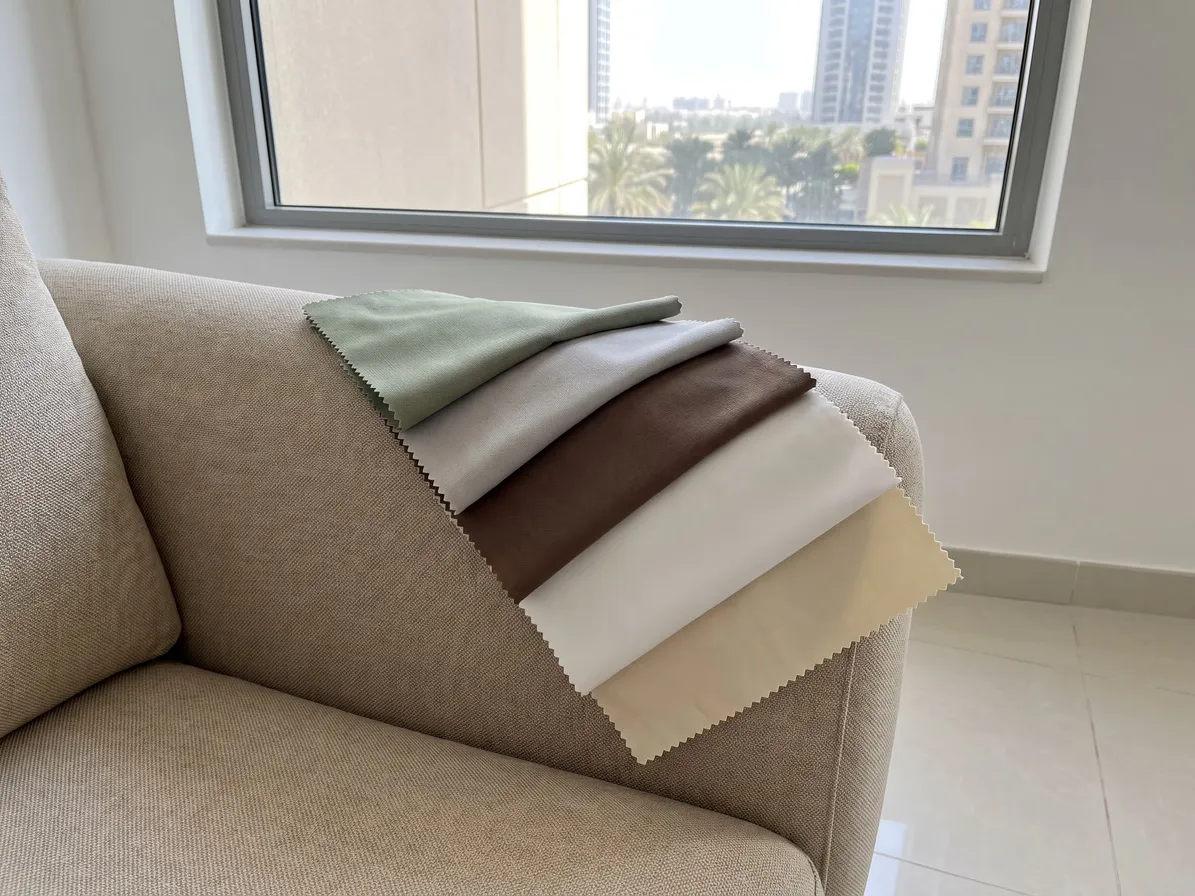 Curtain fabric and lining samples over a sofa arm by a sunny window, sage, light grey and mocha brown above white and cream linings