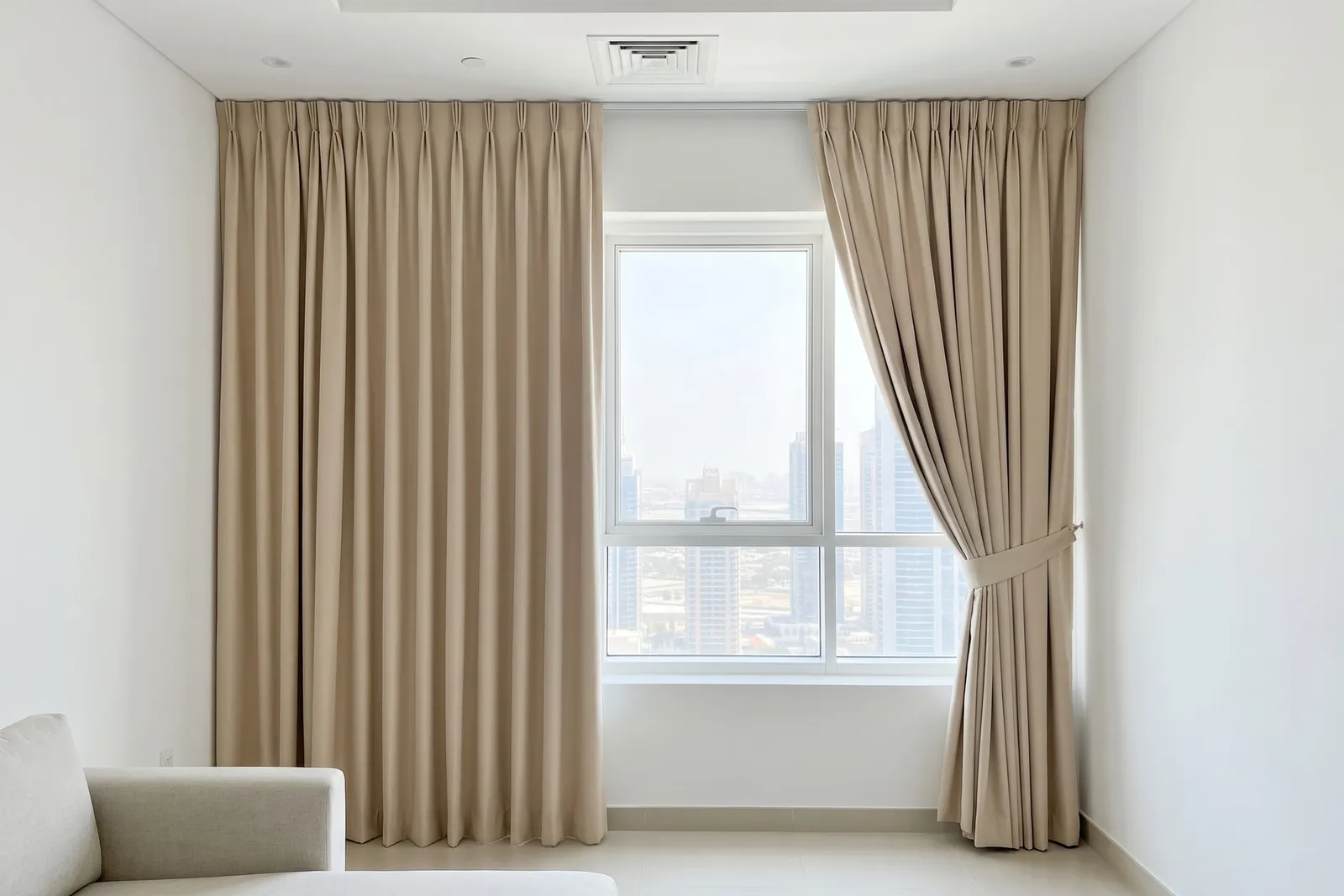 Light beige lined pinch pleat curtains on a ceiling track, the left half hanging straight and the right half tied back at a window with towers
