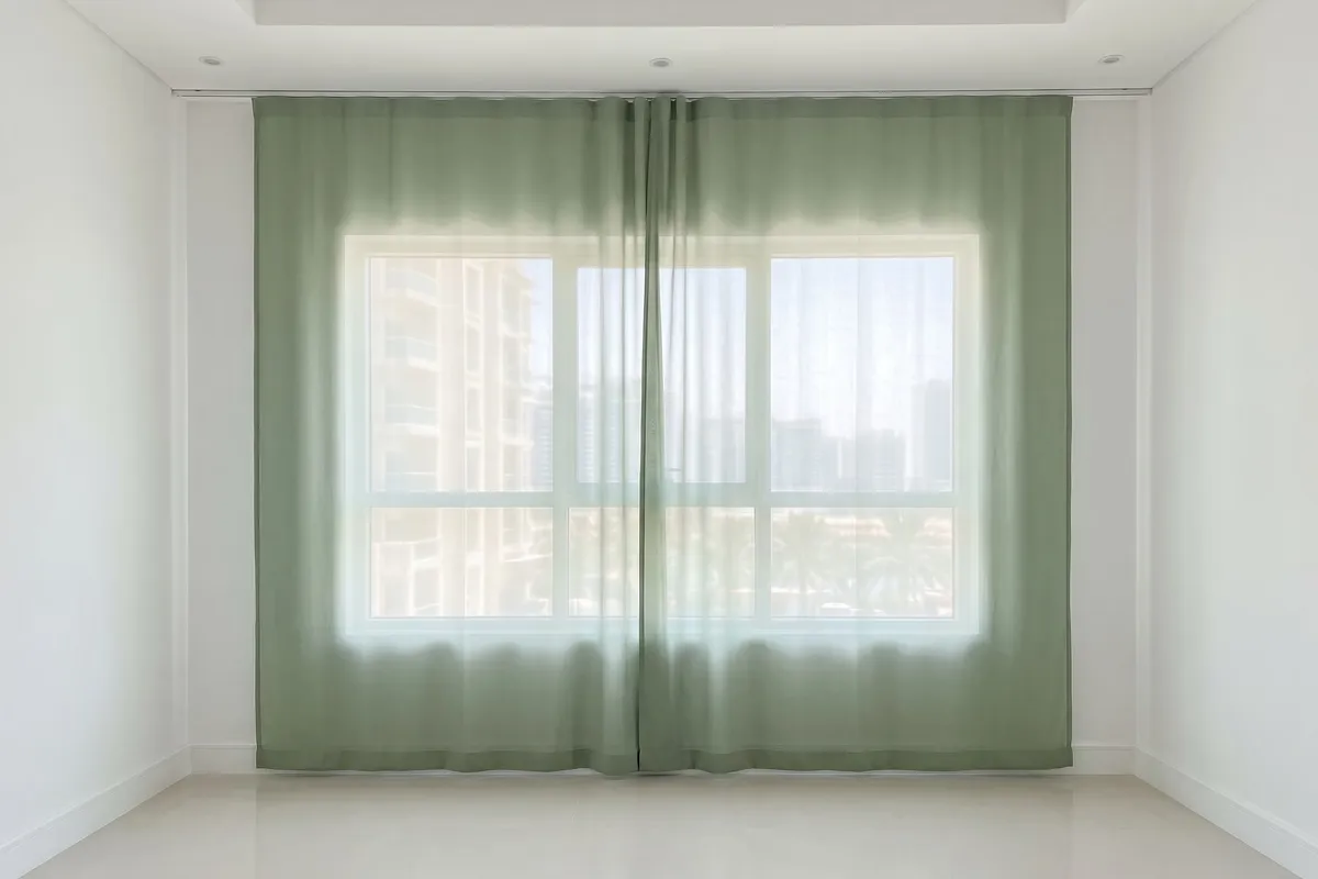 Two sage curtain panels closed across a wide window, hanging flat without folds, daylight glowing through them where the glass is