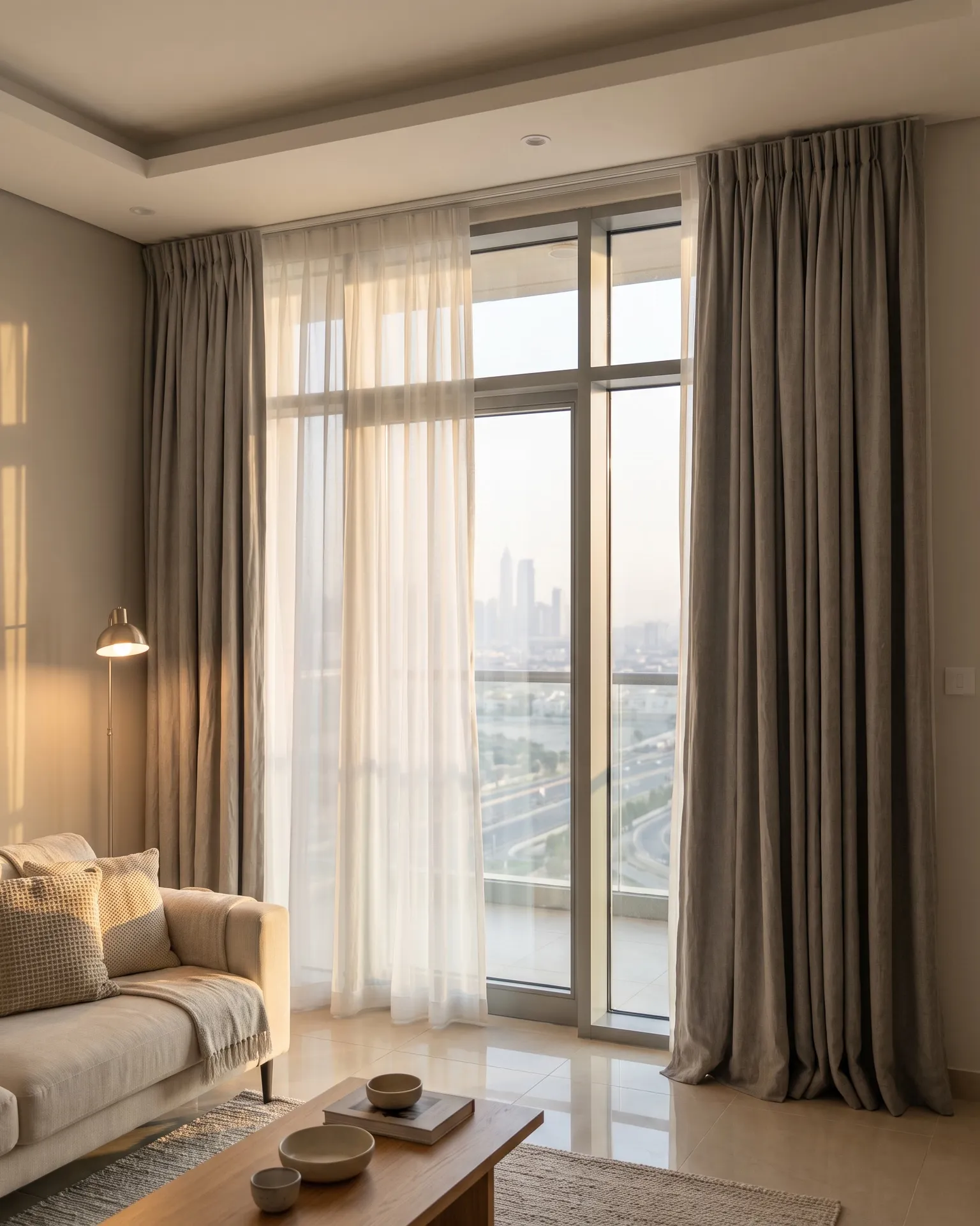Curtains in a Dubai apartment, a sheer and a lined layer on a double ceiling track, reaching the floor
