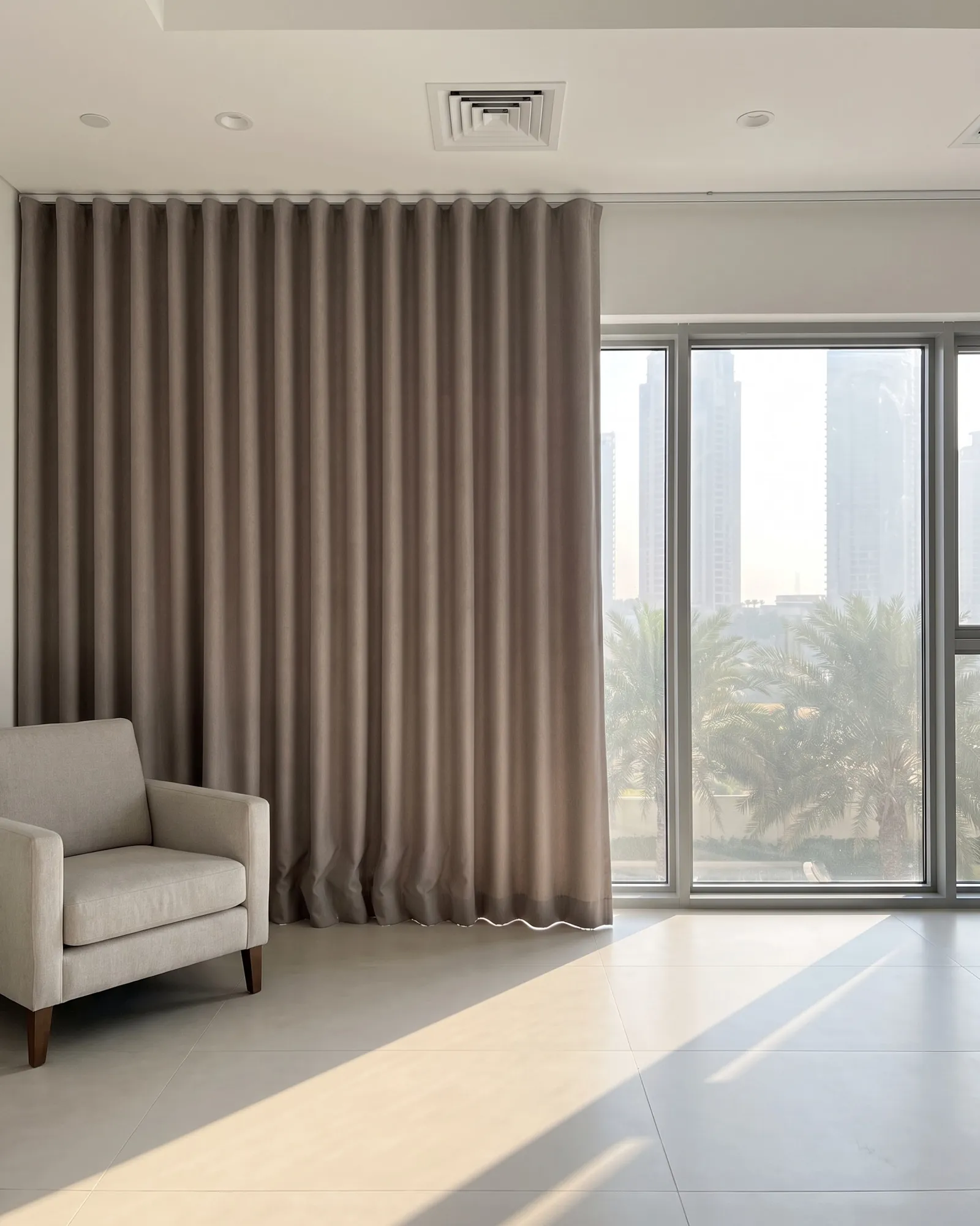 Taupe wave curtain drawn across the left part of a floor-to-ceiling window, palms and towers outside, bands of sun on the floor, an armchair at left