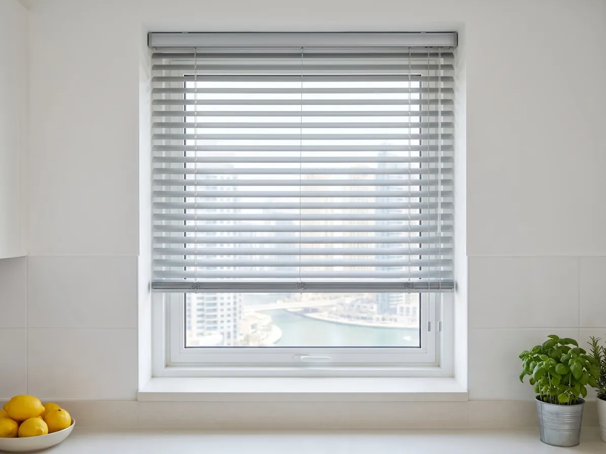 Silver aluminium Venetian blind lowered over most of a kitchen window, slats open on a marina view, lemons and a basil pot on the counter