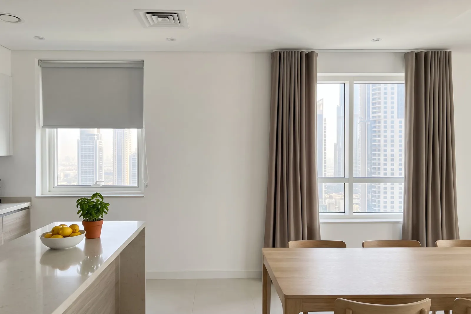 Open-plan kitchen with a light grey roller blind on the window behind the island and taupe curtains open at the dining window, towers outside