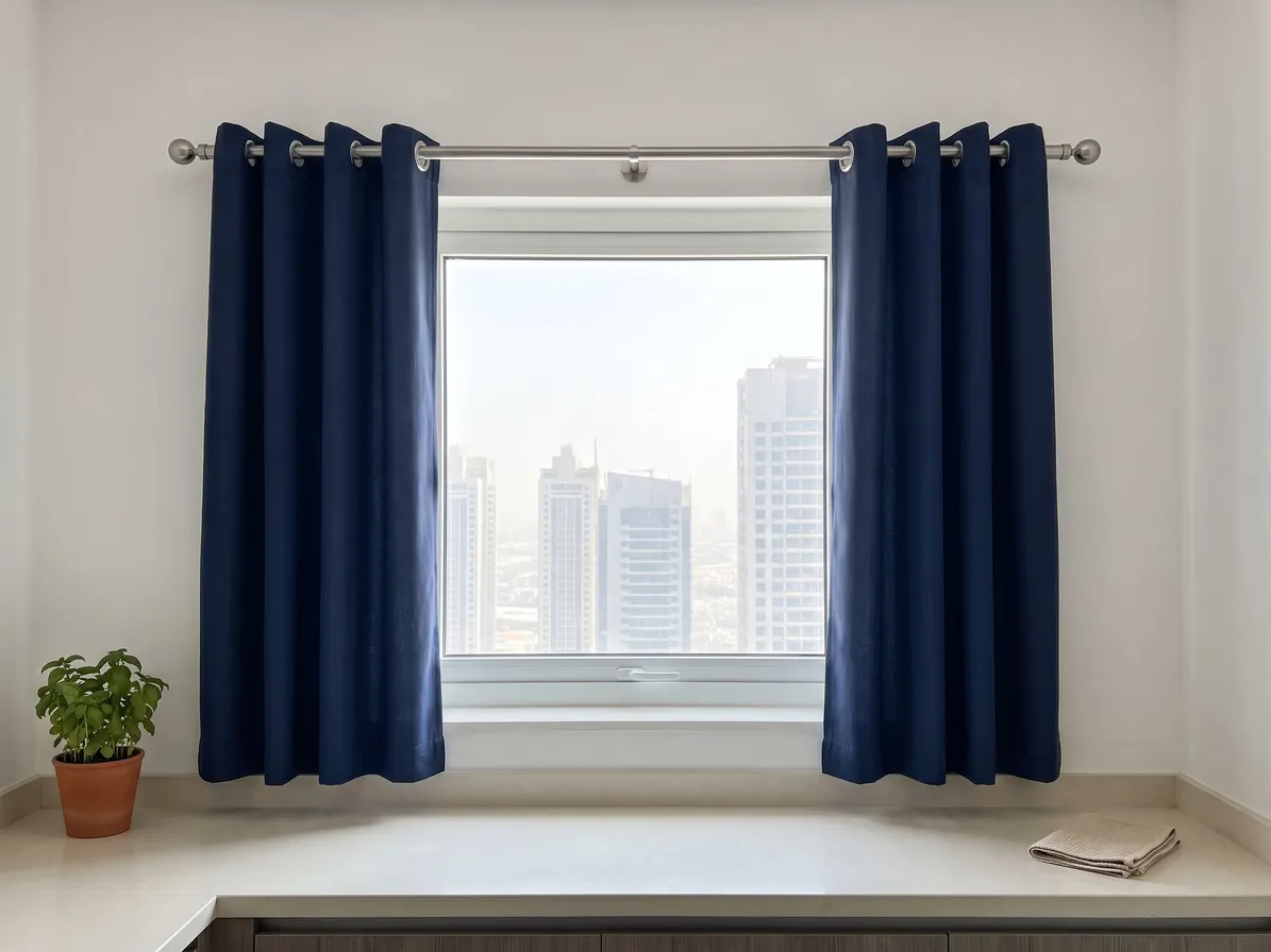 Short navy eyelet panels on a silver pole drawn open at both sides of a kitchen window, their hems just above the counter, towers outside