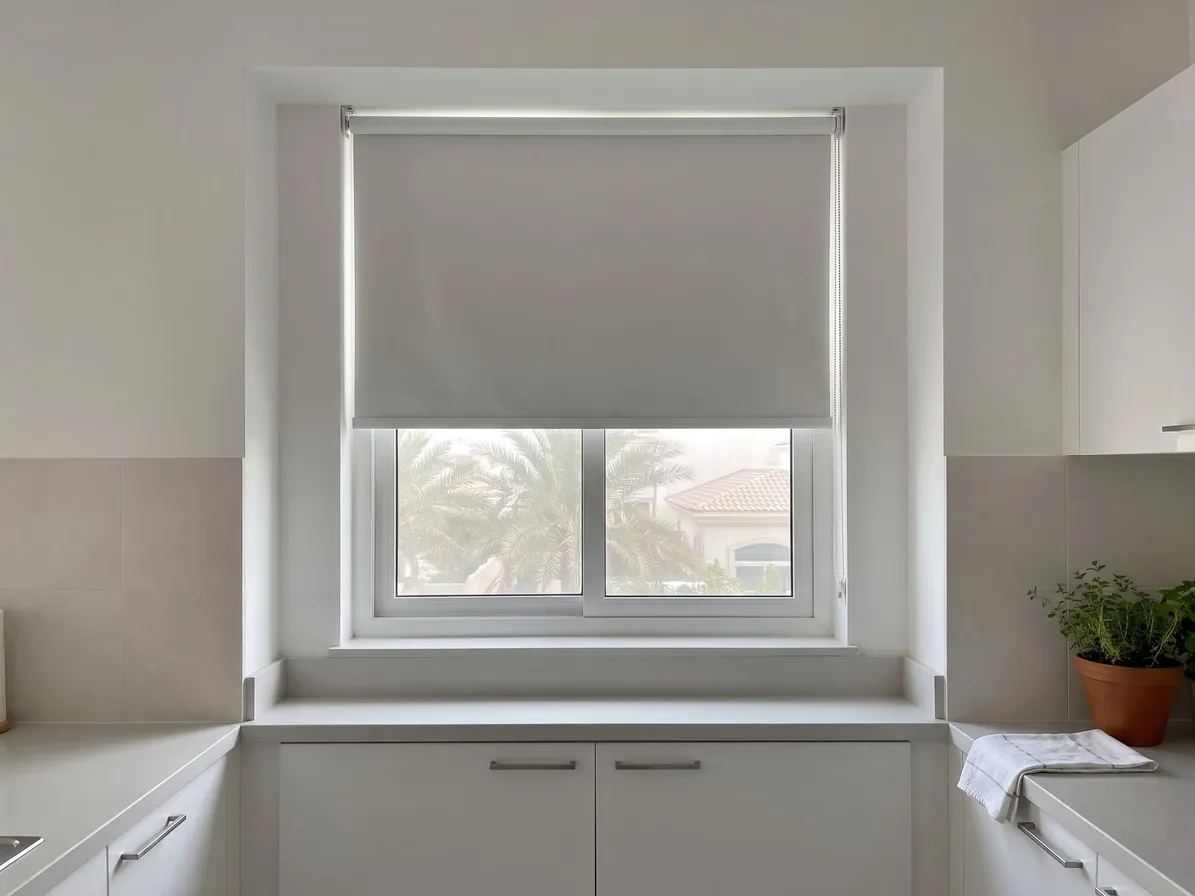 White roller blind lowered over the top half of a kitchen window recess, palms below it, a herb pot and a tea towel on the counter