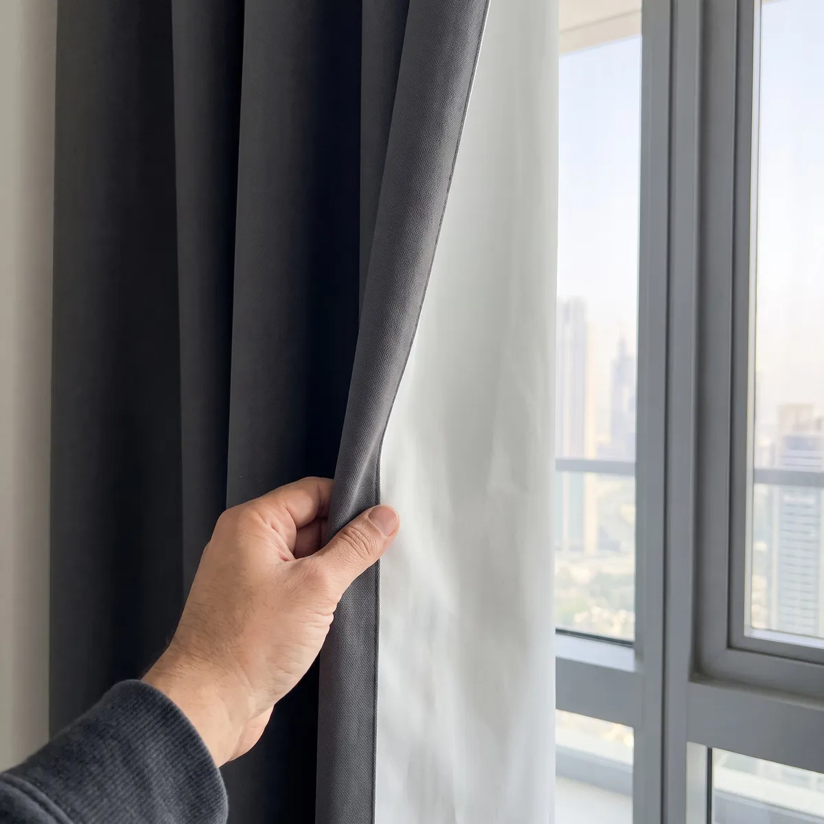A hand turning back the edge of a charcoal curtain to show its white lining, a window with towers beside it