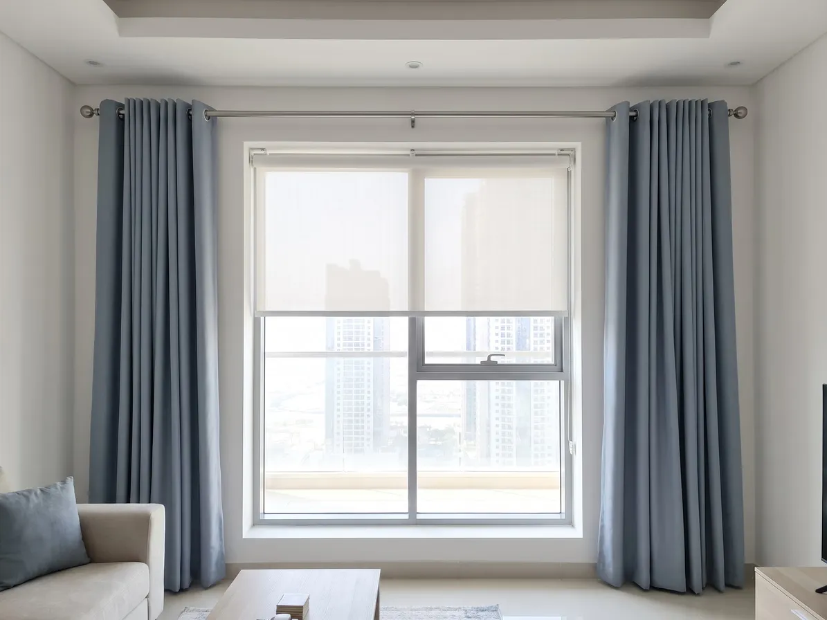 Dusty-blue eyelet curtains open beside a window with a white roller blind covering its top half, towers beyond, a sofa at the lower left