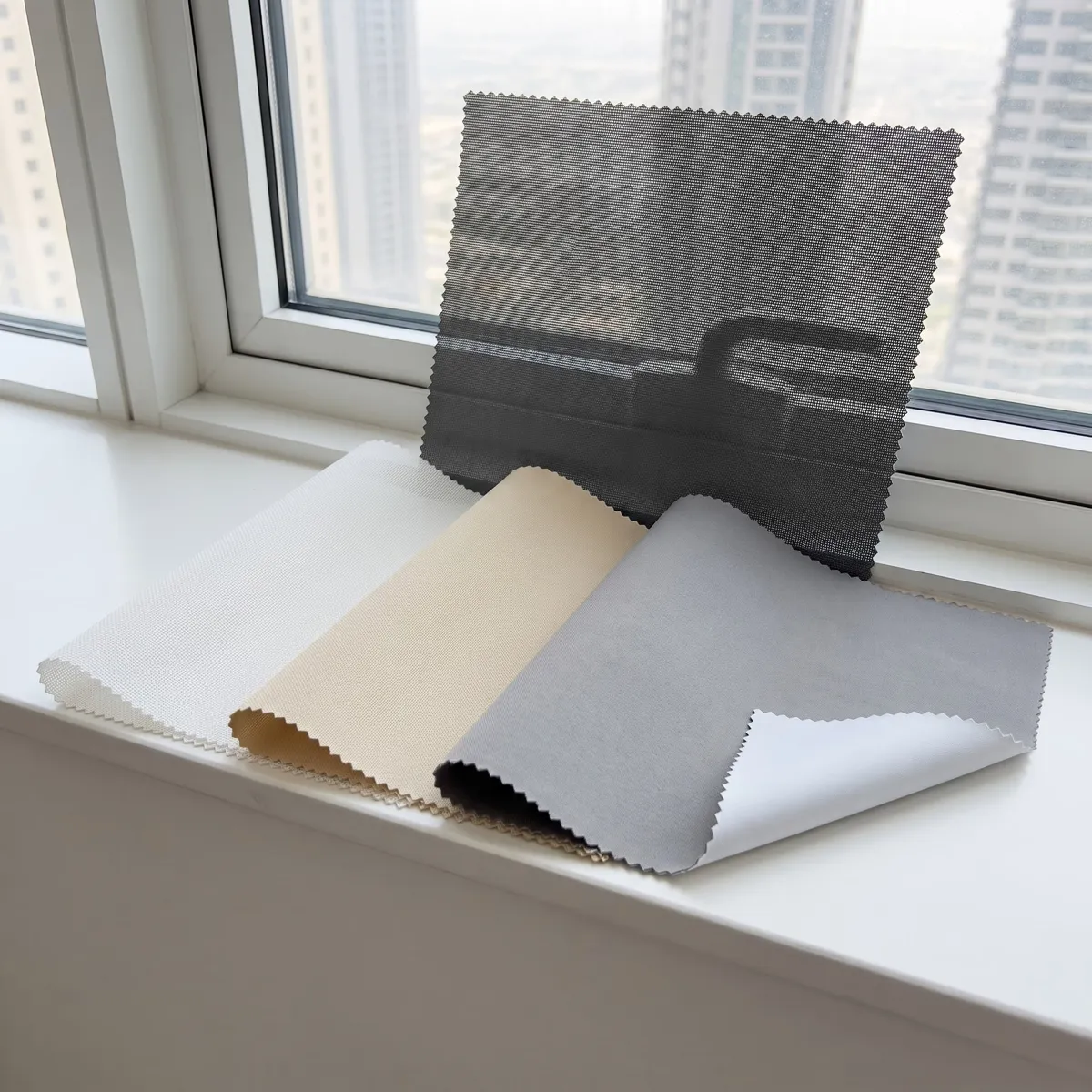 Roller blind fabric samples with pinked edges on a white sill, white, sand and mid grey, a charcoal sunscreen sample against the glass