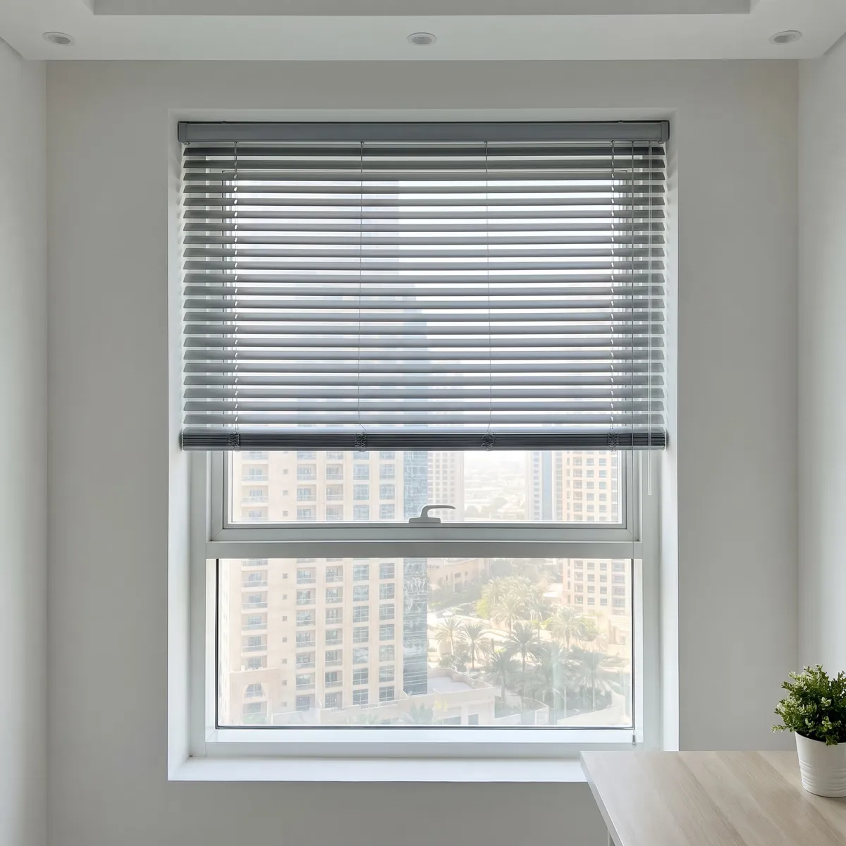 Silver Venetian blind lowered over the top half of a study window, its slats open, towers through the glass, a pale wood desk at the right