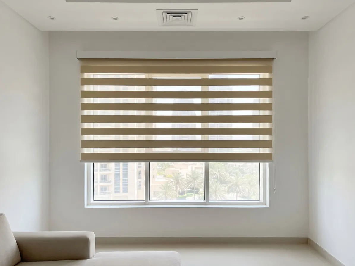 Sand zebra blind lowered over most of a wide living-room window, palms and villas through its sheer stripes, a sofa at the lower left