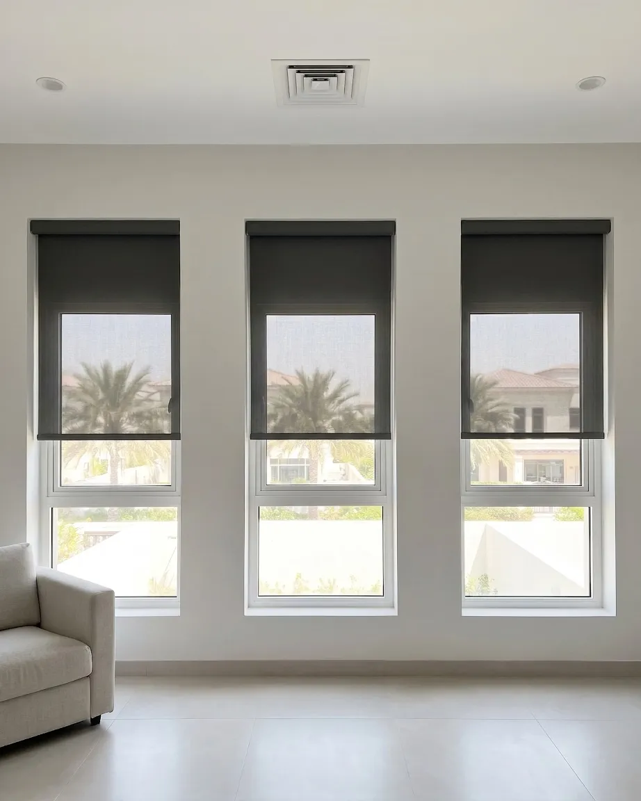 Charcoal sunscreen roller blinds lowered halfway on three tall living-room windows, palms and villas through the glass, a white sofa at the left