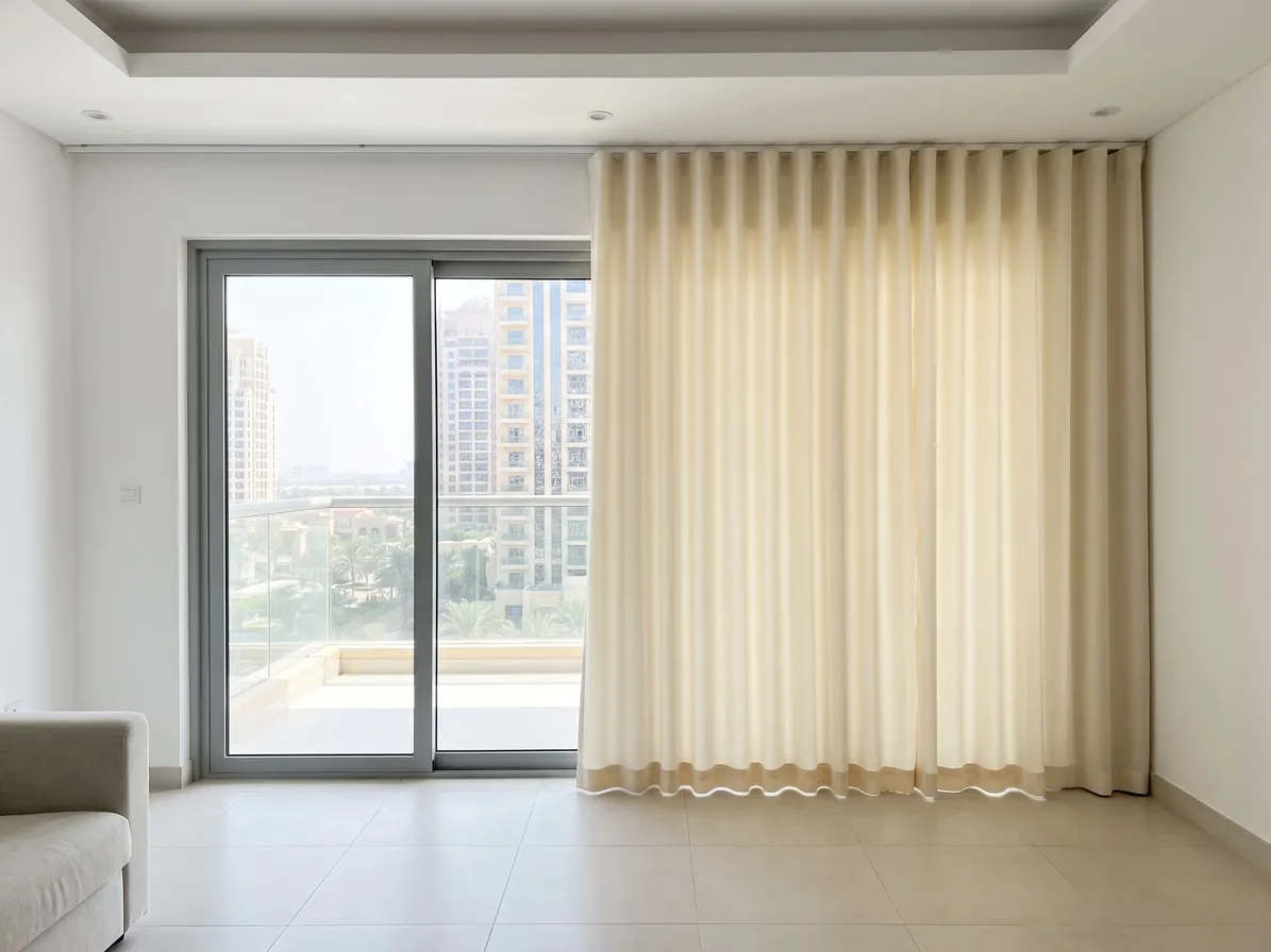 Cream wave-heading curtain drawn partly across a wide balcony sliding door, towers and palms in view through the open part