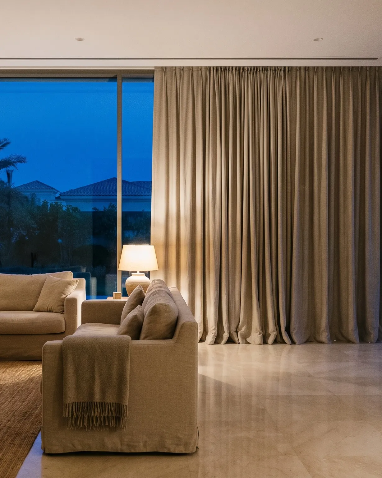 Motorized curtains on a ceiling track, drawn partly across floor-to-ceiling glass in a Dubai villa at dusk
