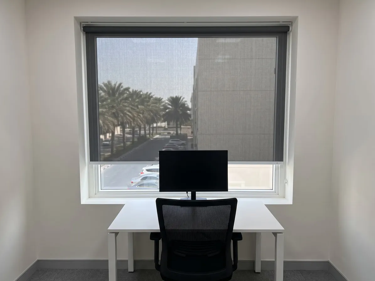 Charcoal sunscreen roller in an office window recess, palms, parked cars and a pale building clear through the weave, a monitor in front