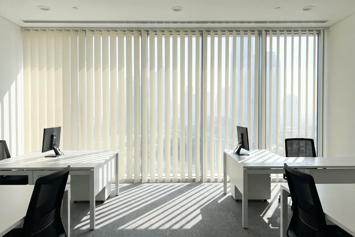 Ivory vertical blind louvres turned part-open along an office glass wall, sun stripes across the carpet and desks, towers between the slats