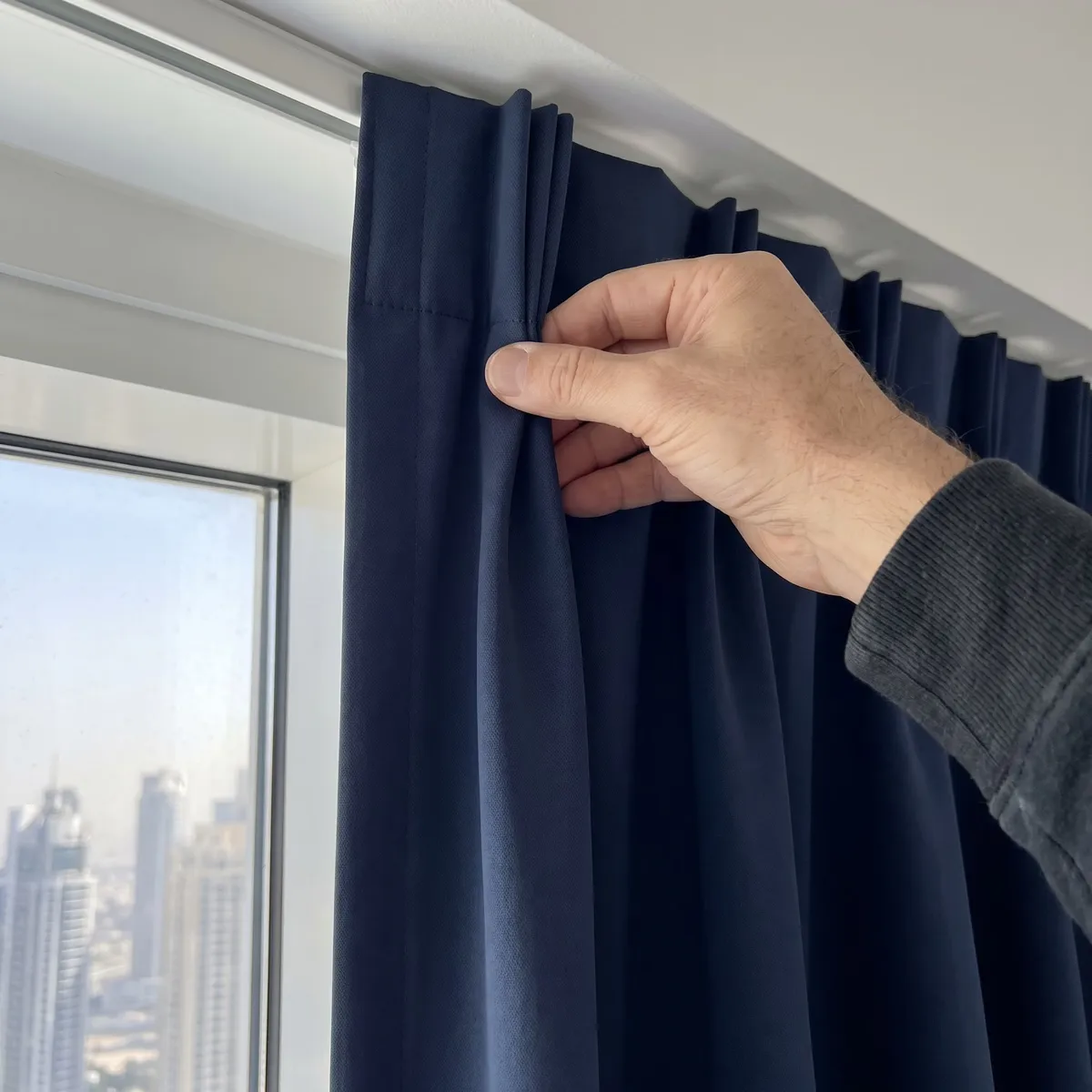 A hand pinching one pleat at the top of a navy pinch pleat curtain, its firm heading under the track, a window with towers behind