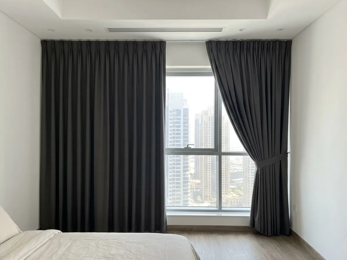 Charcoal blackout pinch pleat curtains on a ceiling track in a bedroom, one half closed and one tied back, towers through the window