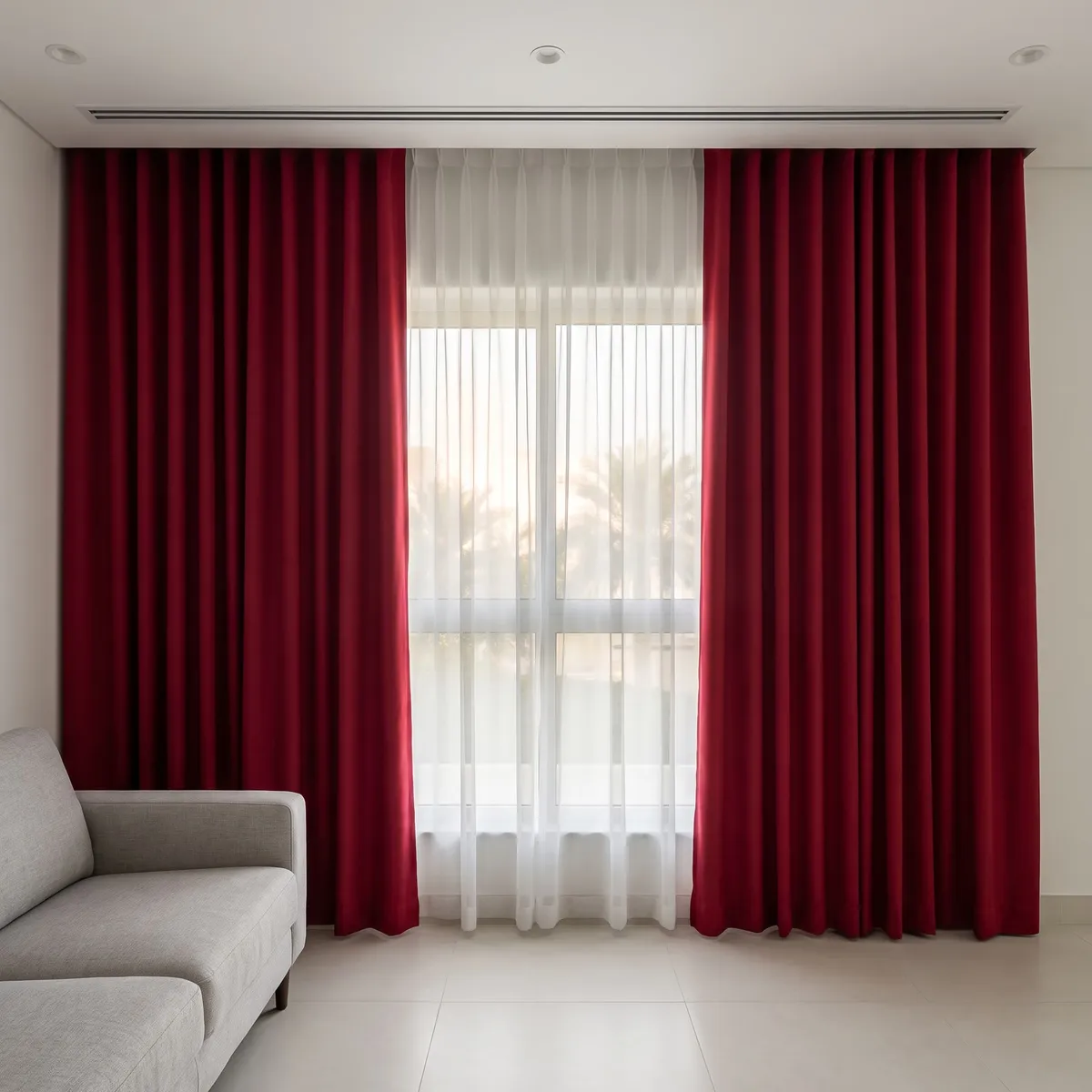Red wave curtains framing a window with a white sheer, palms glowing outside, a light grey sofa at lower left, a stepped ceiling above