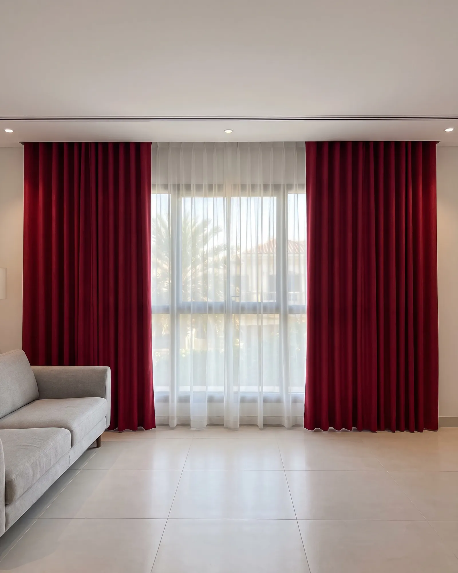 Deep red wave curtains drawn open either side of a window, a white sheer across the glass, a palm and villa roof outside, a grey sofa at left