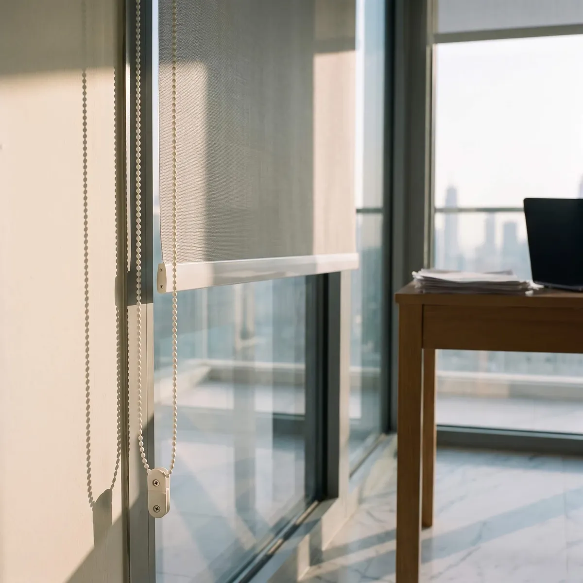 Roller blind chain running down to a clip on the window frame