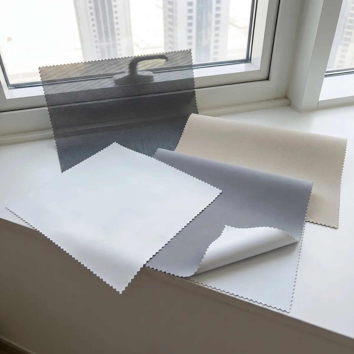 Four roller fabric samples with zigzag edges on a white sill, dark grey mesh, white, mid grey with a white back, and beige