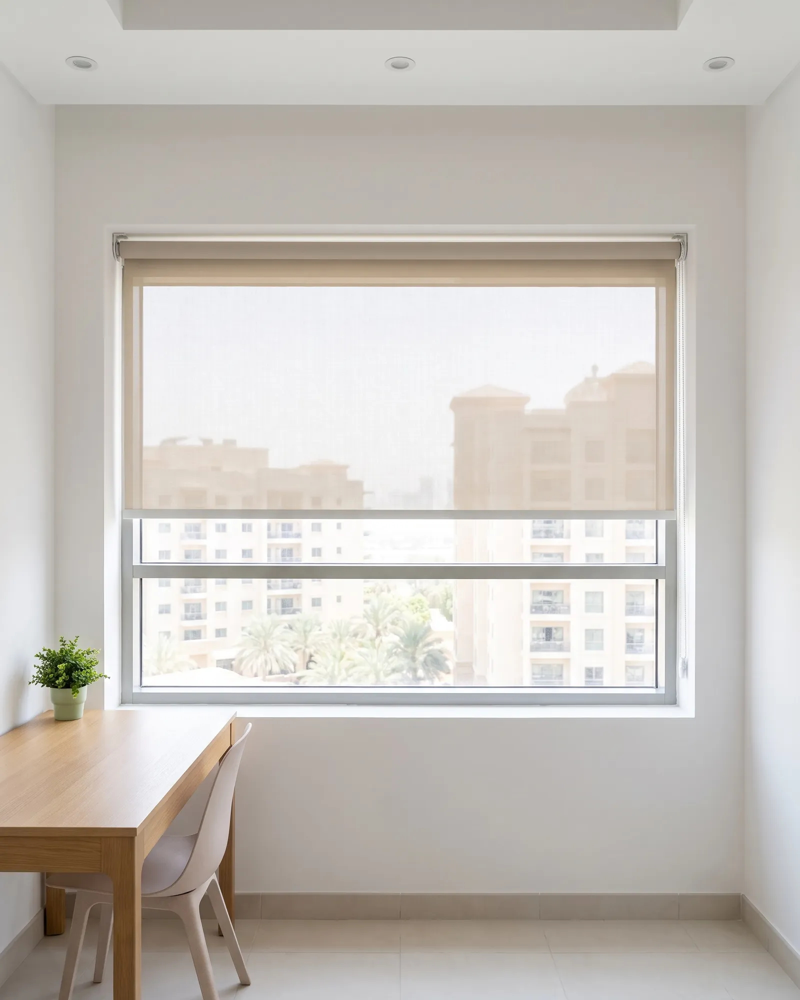 Linen beige sunscreen roller blind lowered halfway on a wide window, apartment blocks soft through it, an oak desk and white chair below