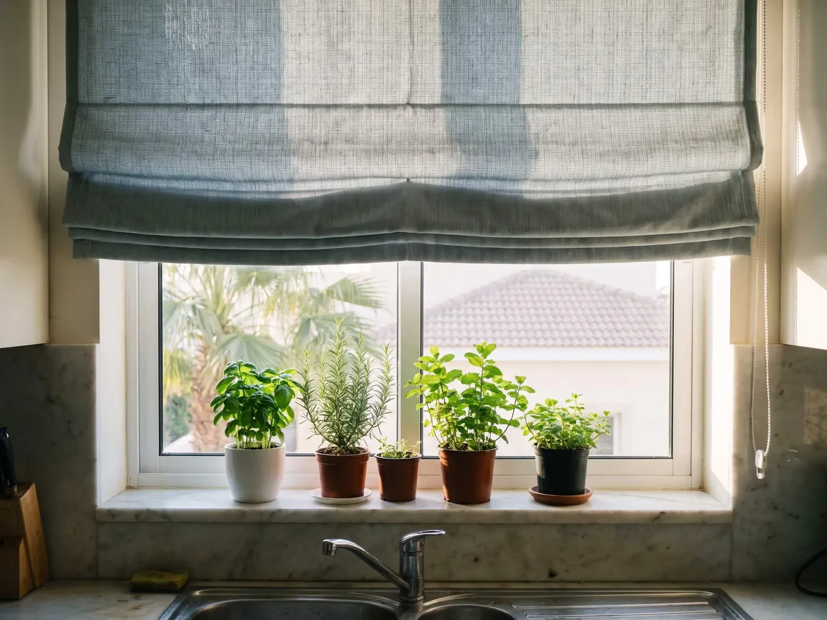 Blue-grey Roman blind raised above a kitchen window, herbs on the sill and the sink below
