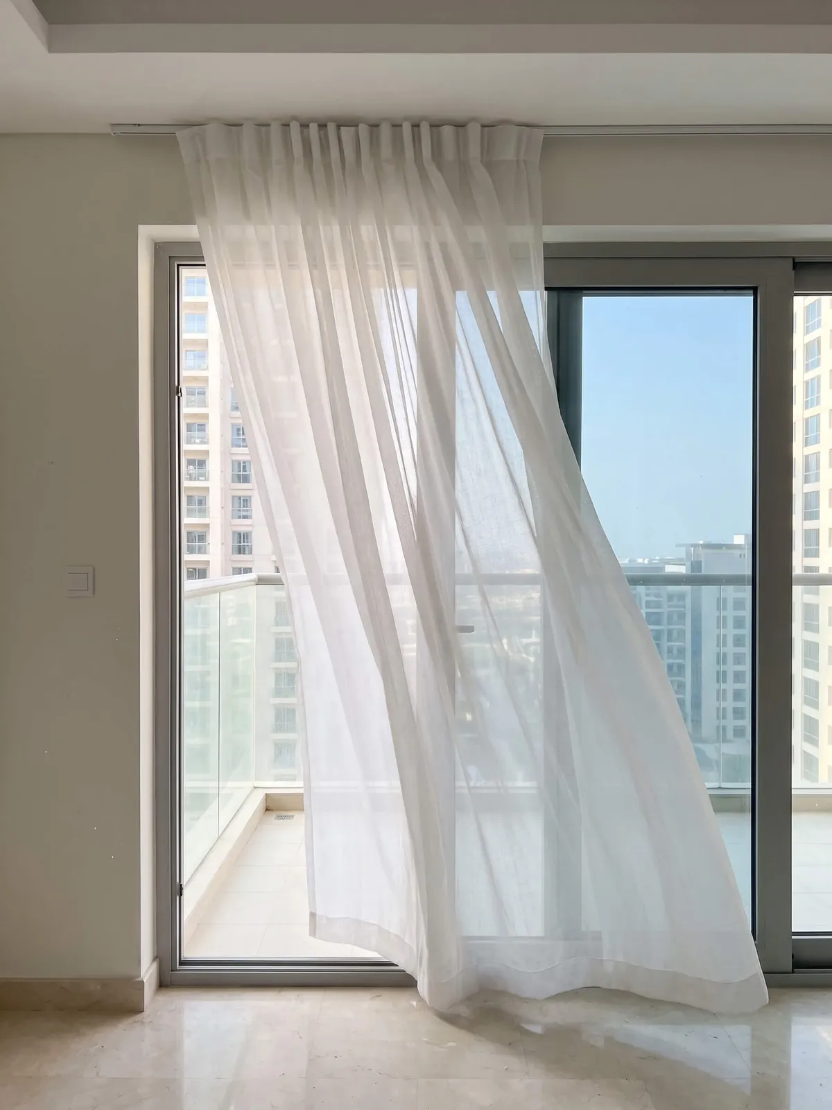 A white sheer lifting in the breeze beside an open balcony door