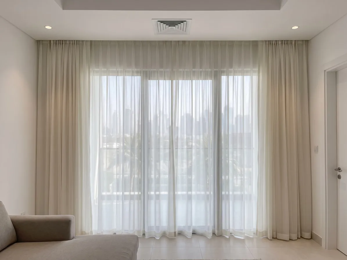 Ivory pinch-pleat sheers closed across a living-room window, the skyline and palms soft through the cloth, a sofa arm at left
