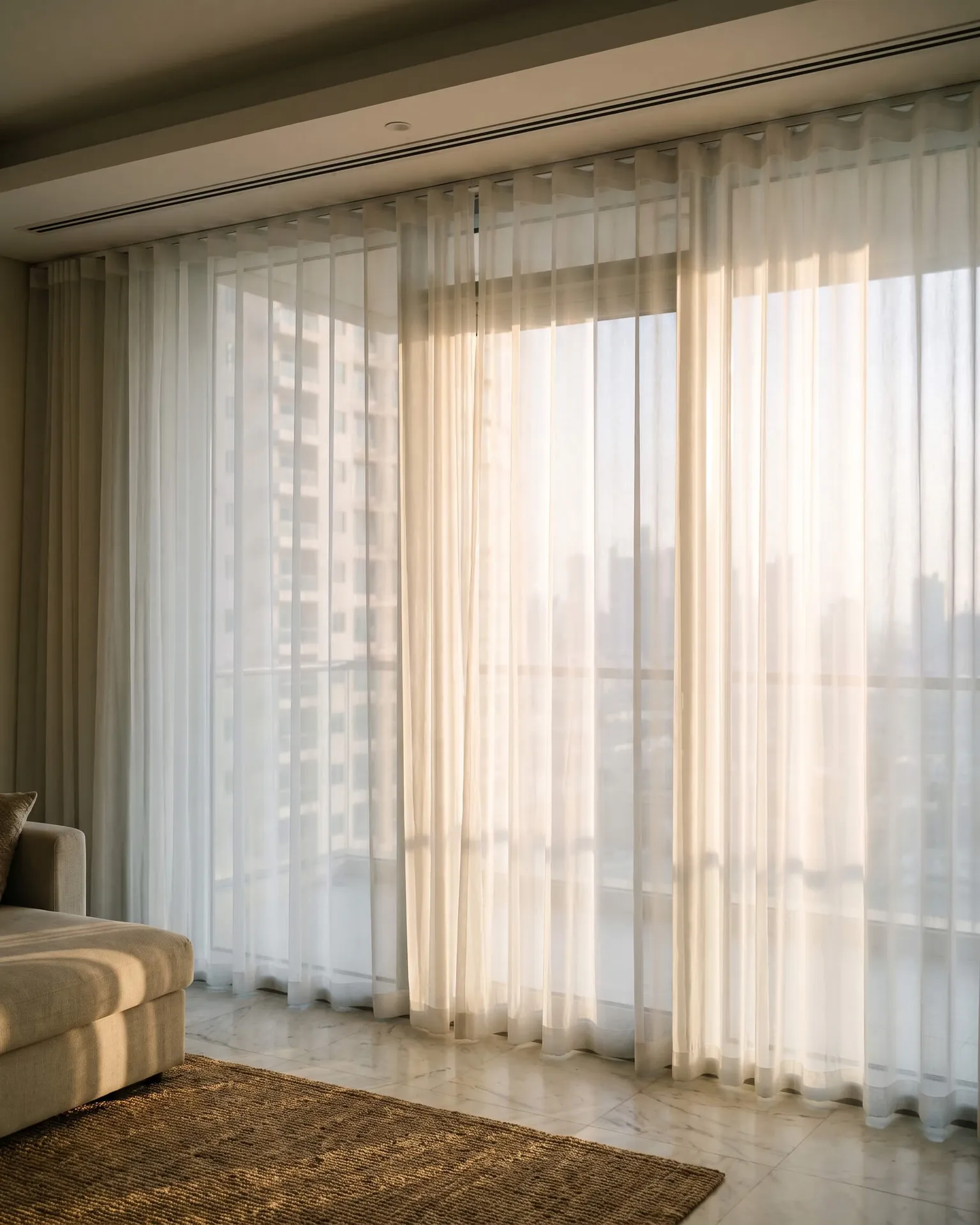 White sheer curtains drawn across a Dubai living-room window, the tower opposite softened behind them