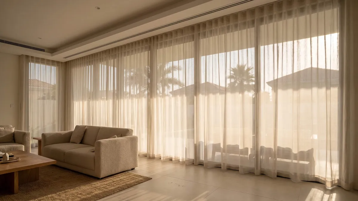 Ivory linen-look sheers drawn along a villa's glass wall, palms outside
