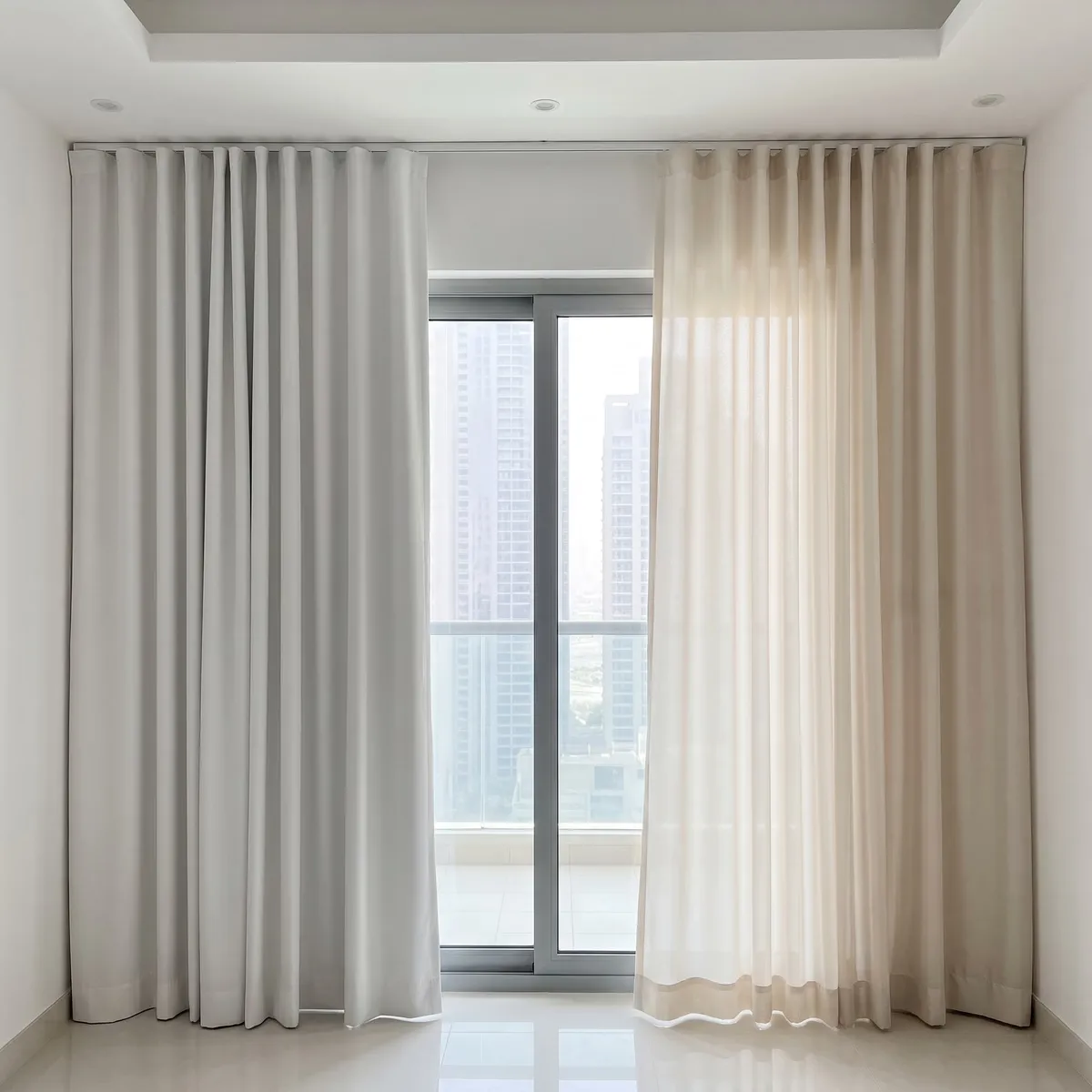White blackout lining and ivory plain lining hung either side of a sliding door, the ivory one glowing with daylight, towers beyond