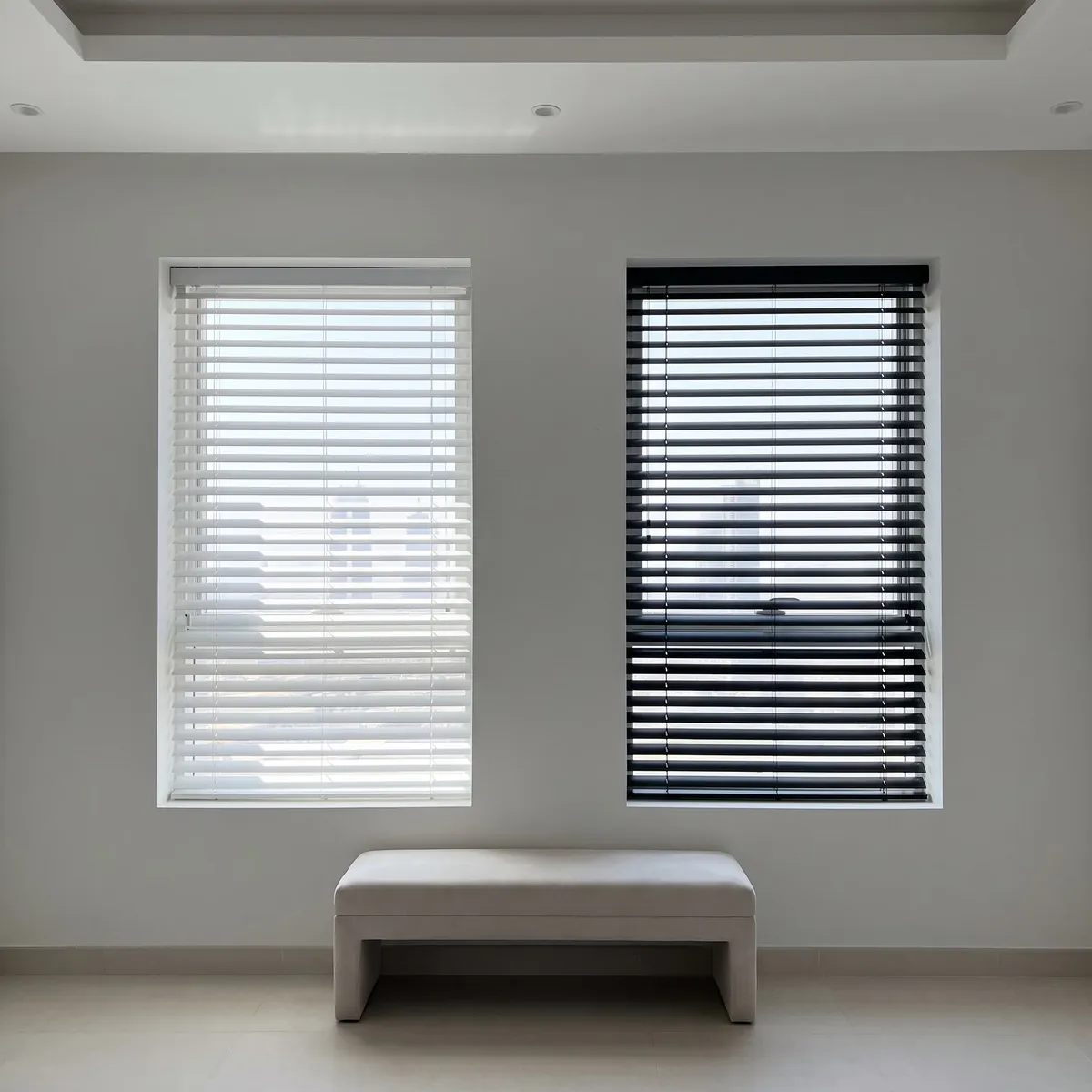 A white and a black Venetian blind in two matching windows side by side, both half open at the same height, a cream bench below