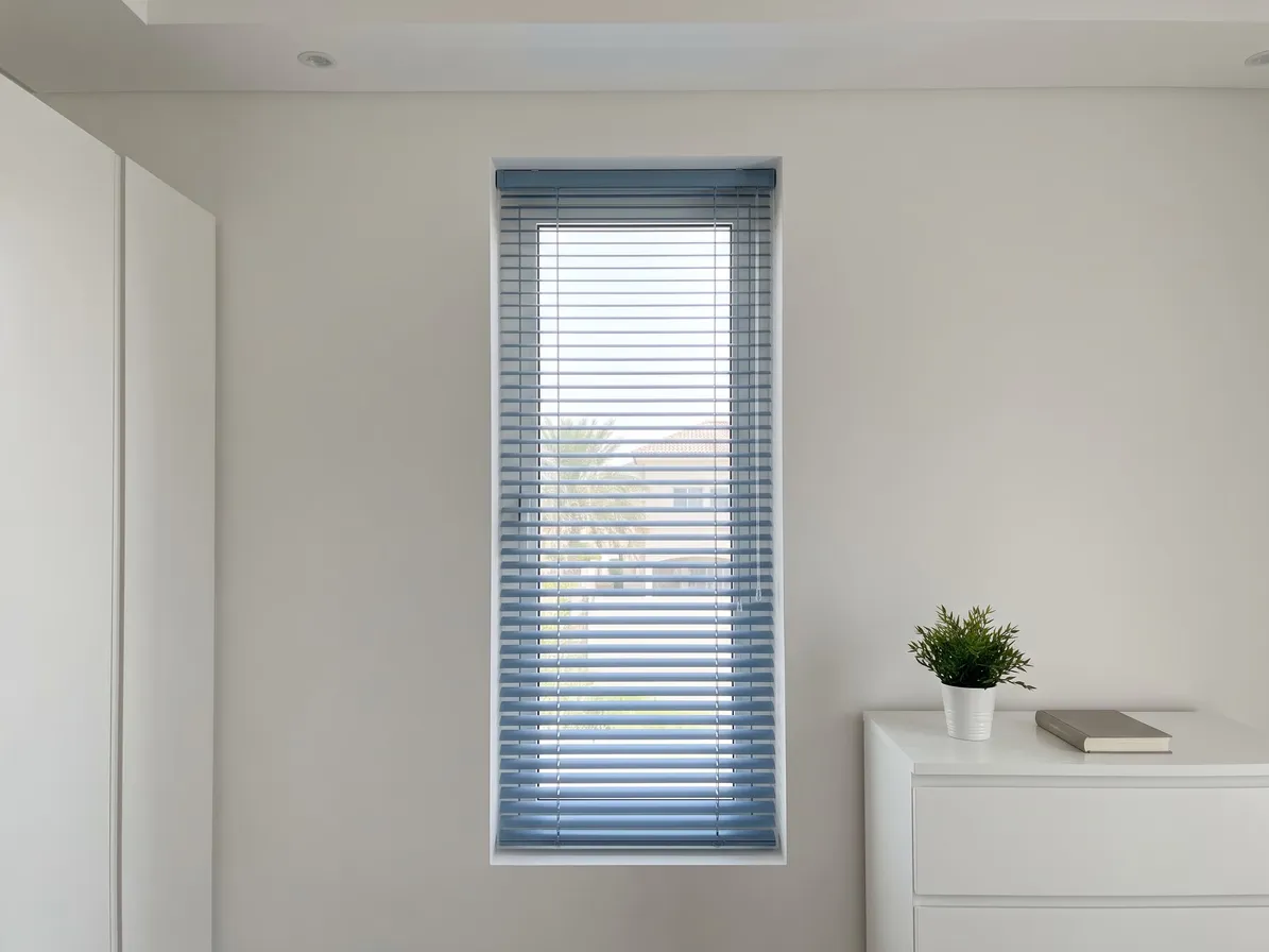 Slim dusty-blue Venetian blind in a narrow window recess, slats half open, a white wardrobe at the left and a chest of drawers at the right