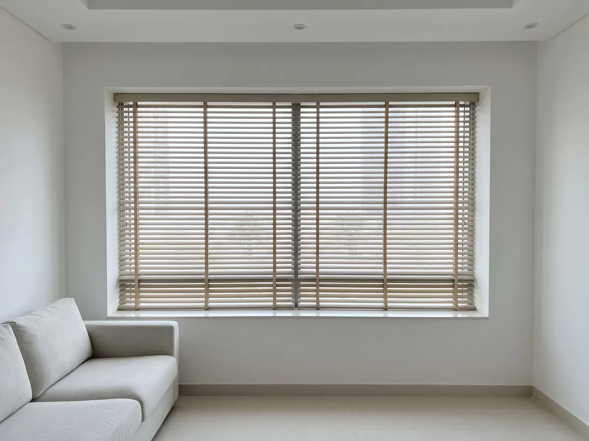 Two sand Venetian blinds side by side across one wide window, meeting at the centre bar, a grey sofa at the lower left