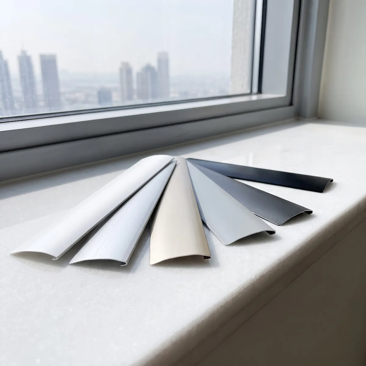 Six aluminium blind slat samples fanned out on a white window sill, from white and silver through champagne and grey to charcoal and black