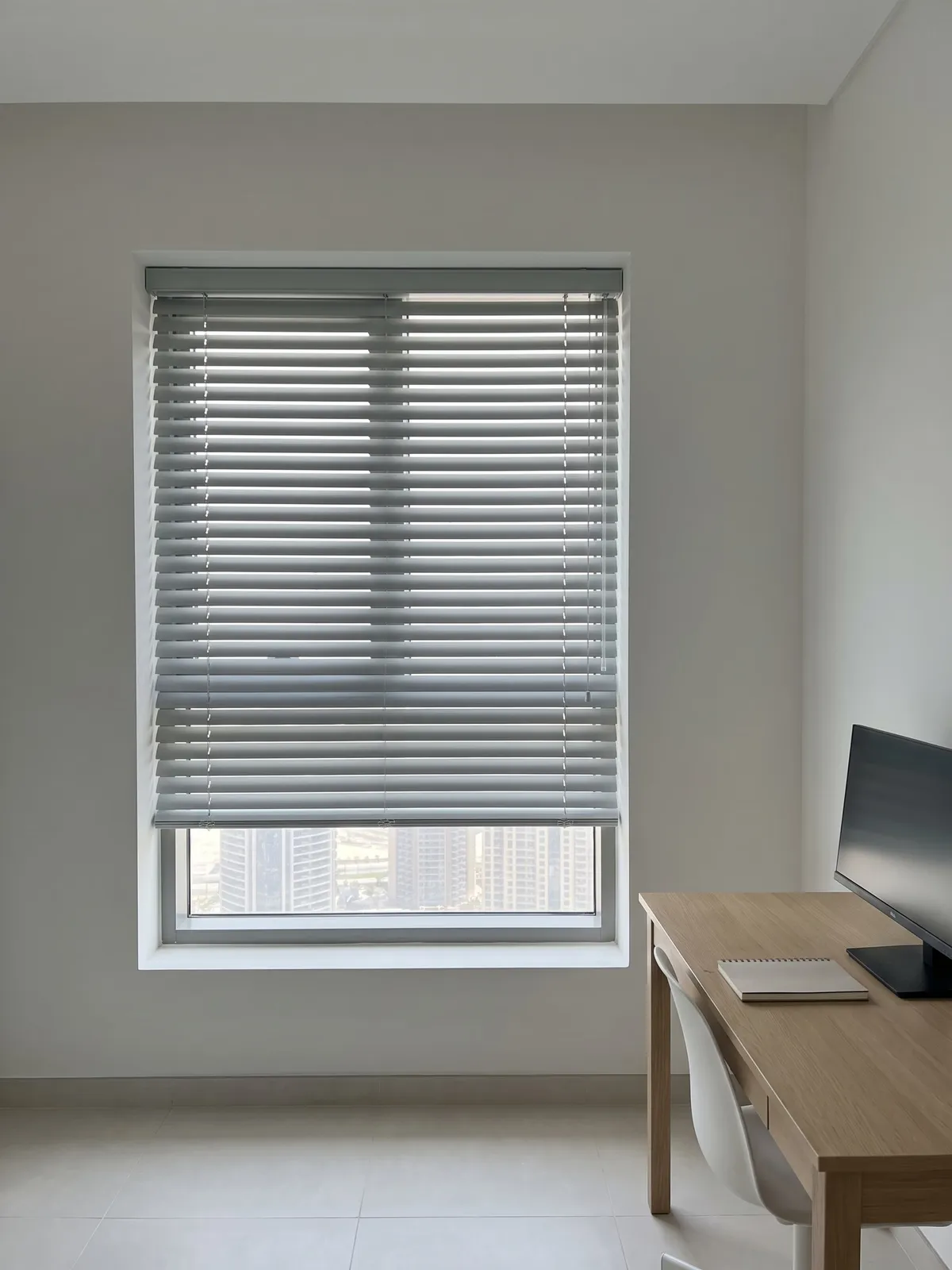 Light grey Venetian blind tilted nearly closed in a tall window, towers in the glass below it, a pale oak desk with a monitor at the right
